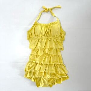 Y2K Haltered Yellow Ruffled Open Back Swim Suit